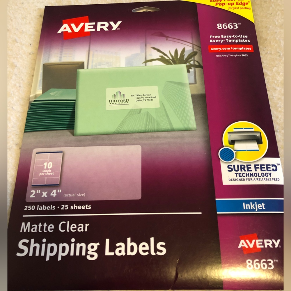 Avery 8663 Matte Shipping Labels, Sure Feed Tech. Inkjet 2x4" Open Box 20Sheets